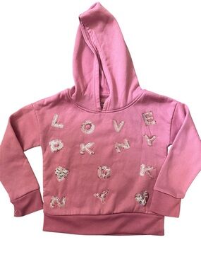 DKNY Girls 5T Pink Sequin Logo Hoodie Fleece Glitter Letter Hearts Sweatshirt